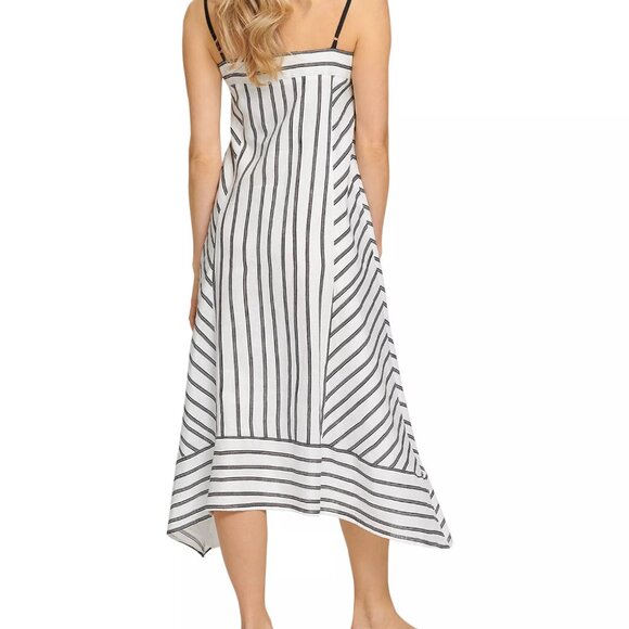 DKNY black & white striped sleeveless linen Asymmetrical hem midi dress sz S - Picture 3 of 10